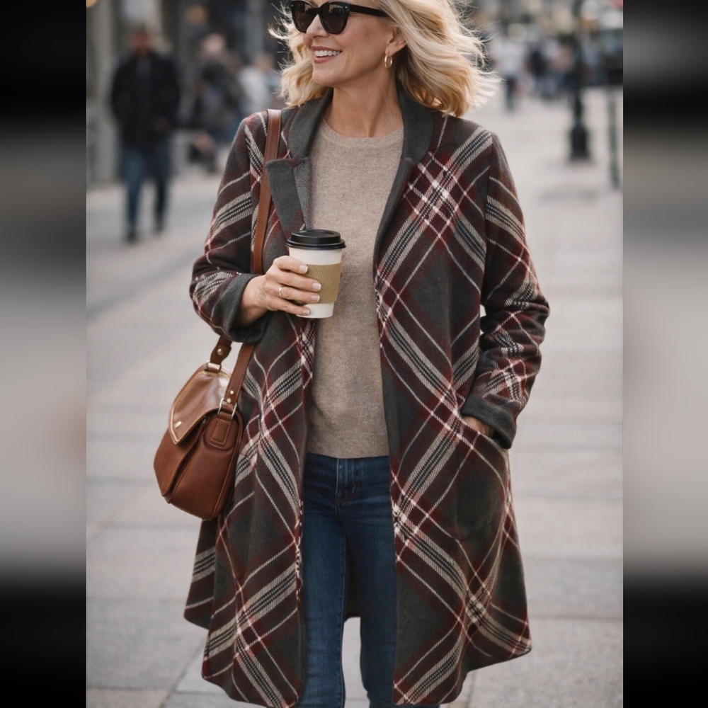 Tahari Plaid Open Front Cardigan Coat in Brown, Gray, and Burgundy